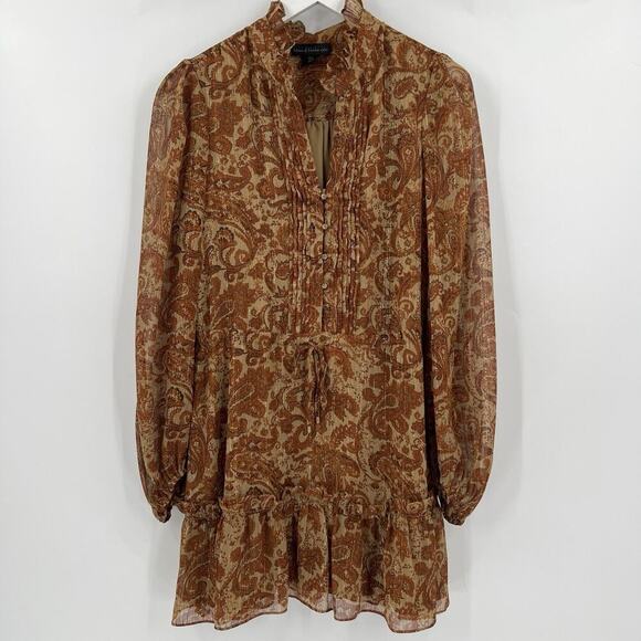 House Of Harlow 1960 Paisley Metallic Gold Ruffle Lined Dress Long Sleeve Size 6 - Picture 2 of 9